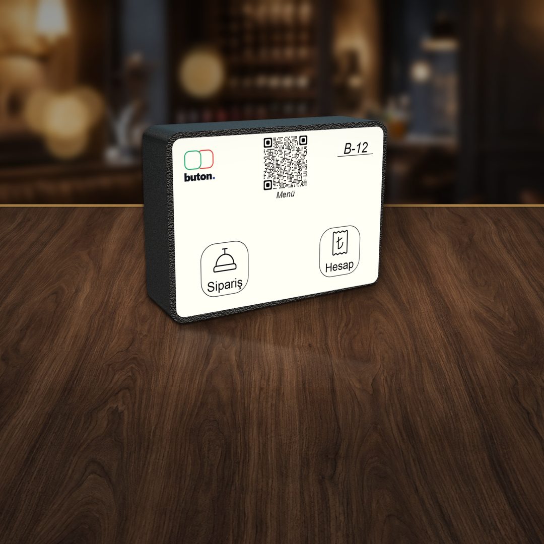 Kafe masasında Buton masa çağrı cihazı: QR menü, Sipariş ve Hesap tuşları