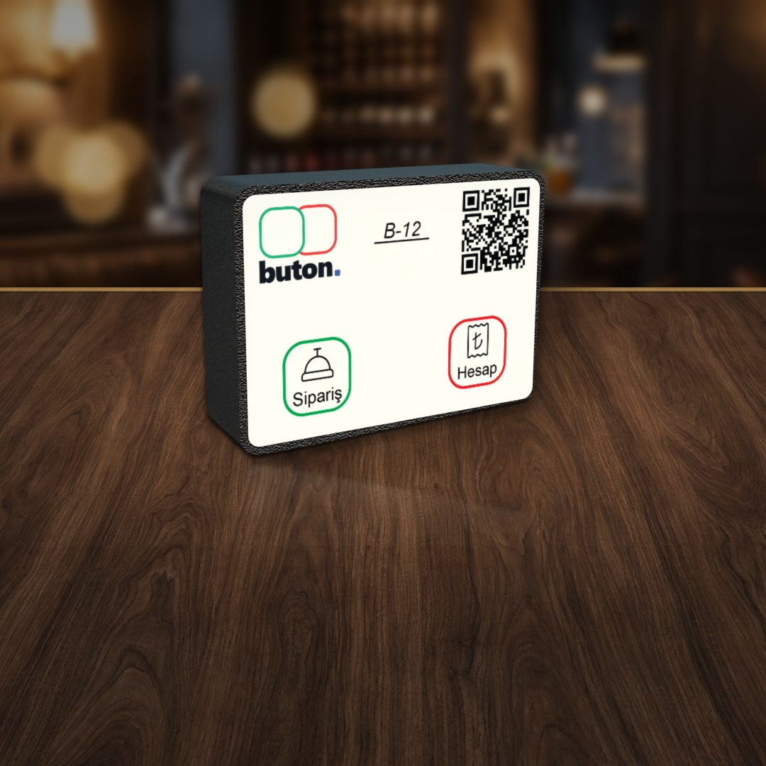 Kafe masasında Buton: üstte QR menü ve masa numarası, altta Sipariş ve Hesap tuşları